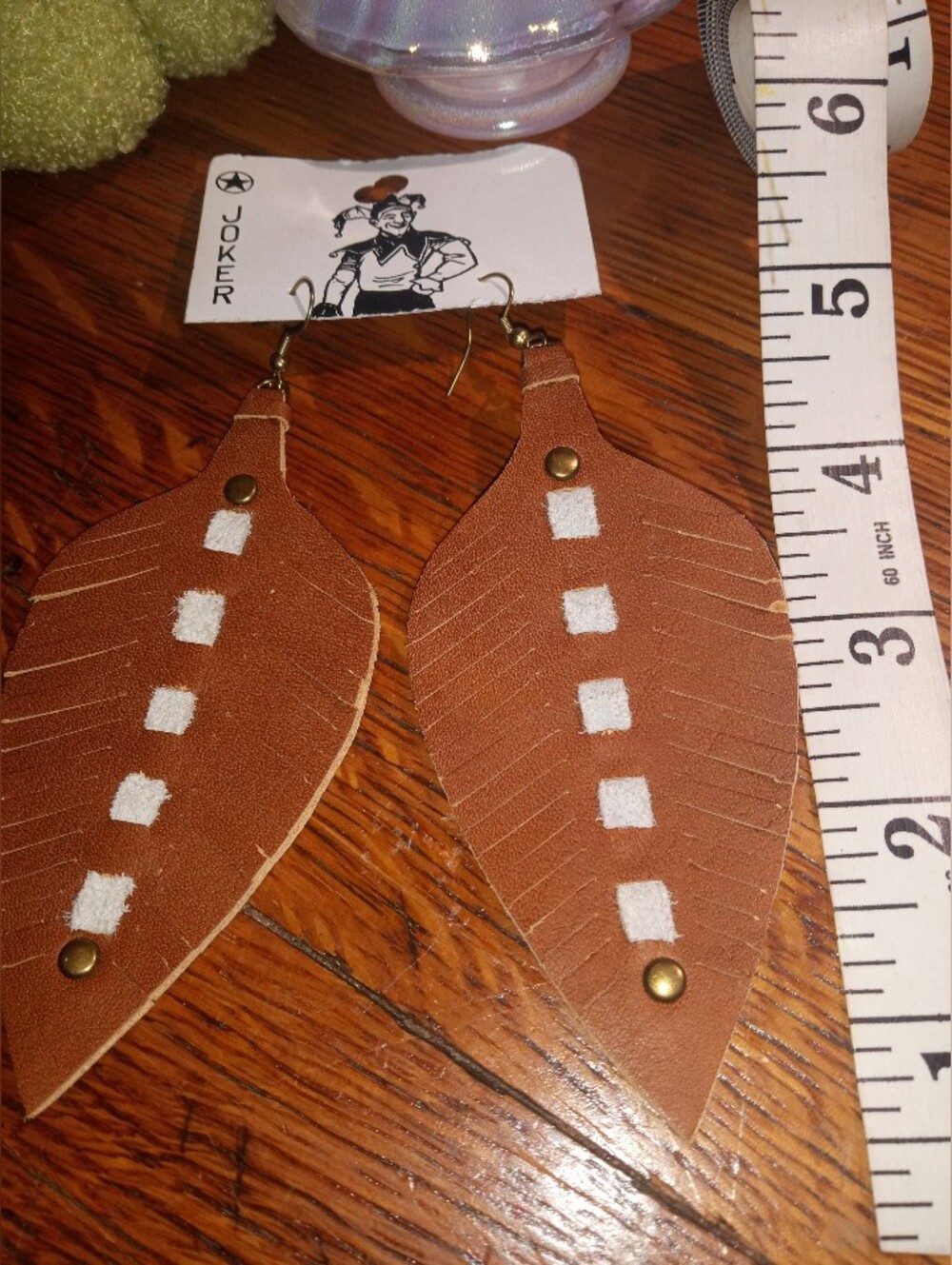 Brown Leather/Pleather Leaf Earrings with White Accents